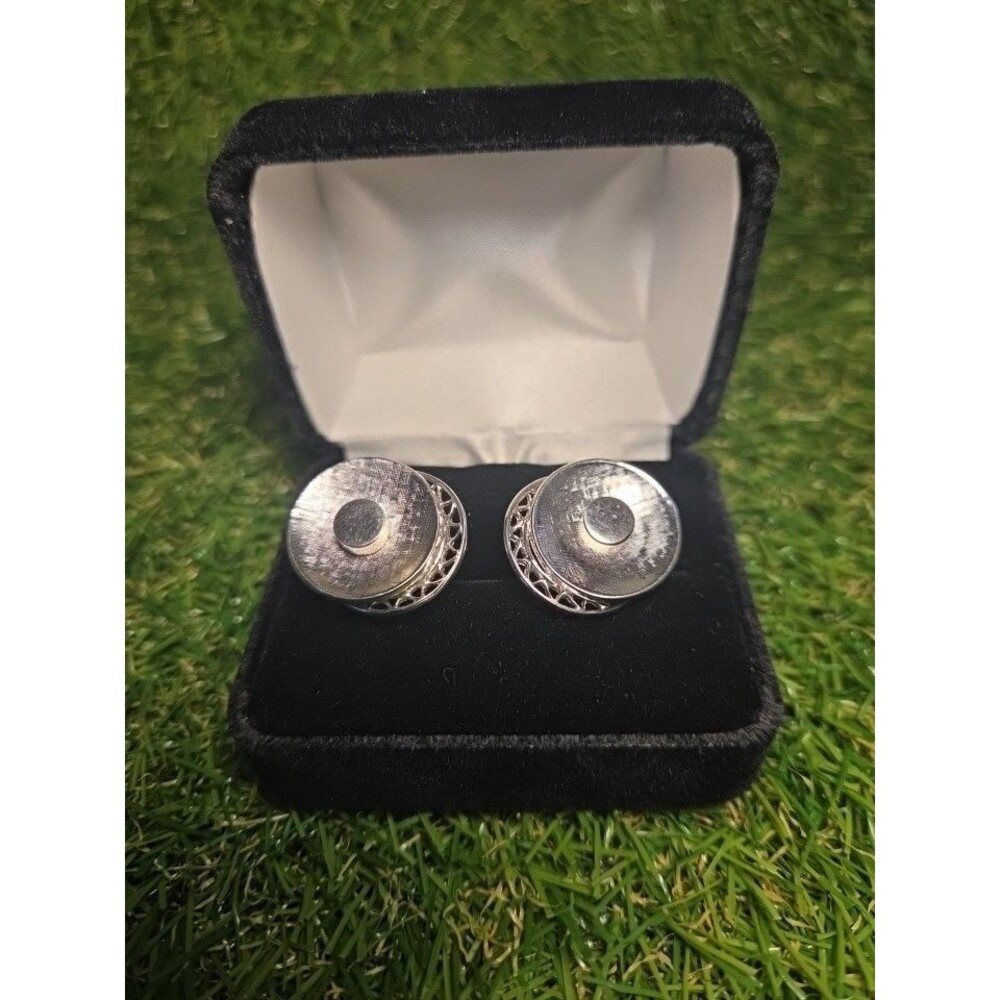 Vtg Cufflinks Silver Brushed Metal Etched Filigree